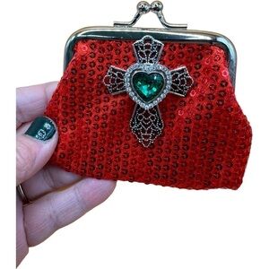 Ruby Red Sequin Change Purse w/ Silver Cross & 18mm Green Heart Ginger Snap